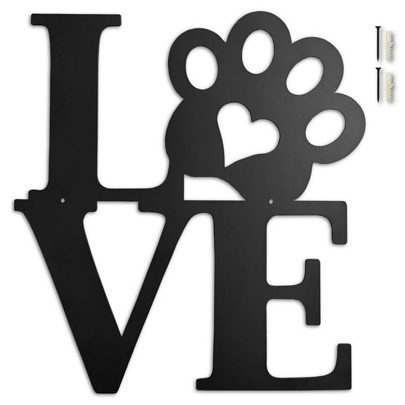 Black Metal Wall Decor, Love with Paw Print, Metal Wall Art for Dog Lover, 12 inch Laser Cut Rustic Black Metal Dog Lovers Gifts