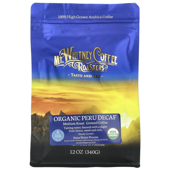 Mt. Whitney Coffee Roasters Organic Peru Decaf, Ground Coffee, Medium Roast, 12 oz (340 g)