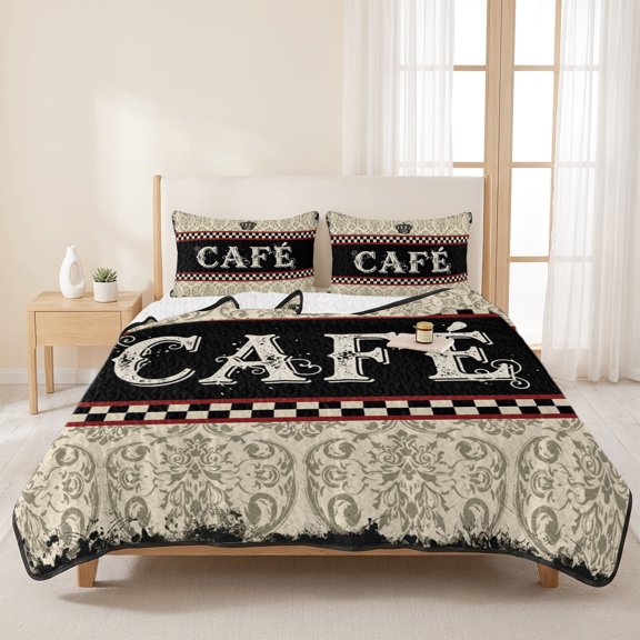 3 Pieces Queen Quilt Set,Cafe Words on Black Background Soft Bedding Sets with 1 Quilt & 2 Pillow Shams,Vintage Crown Summer Bedspread Lightweight Coverlet Comforter