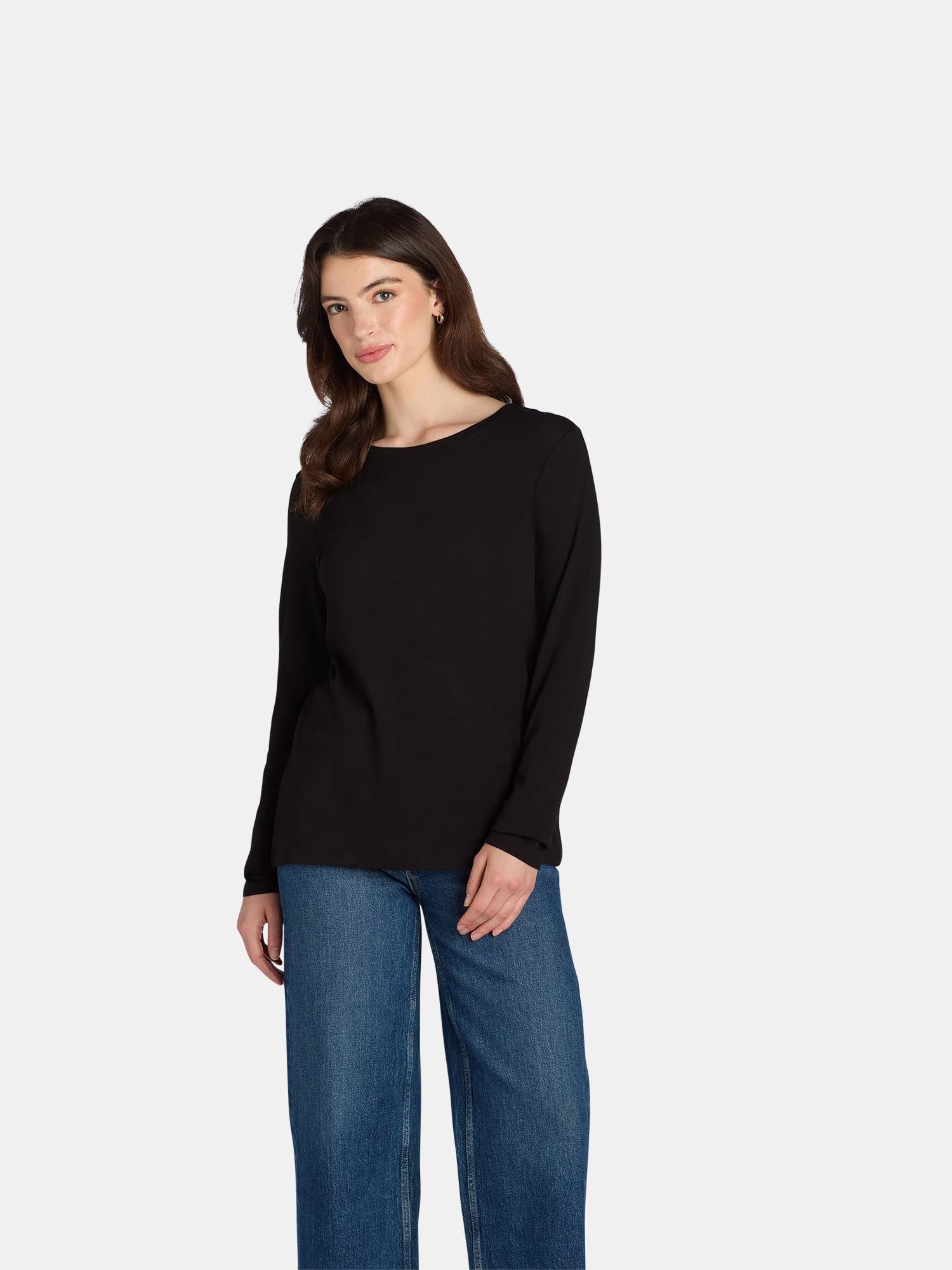 Time and Tru Women's Cotton Crewneck Tee with Long Sleeves, Single and 3 Pack, Sizes XS-XXXL