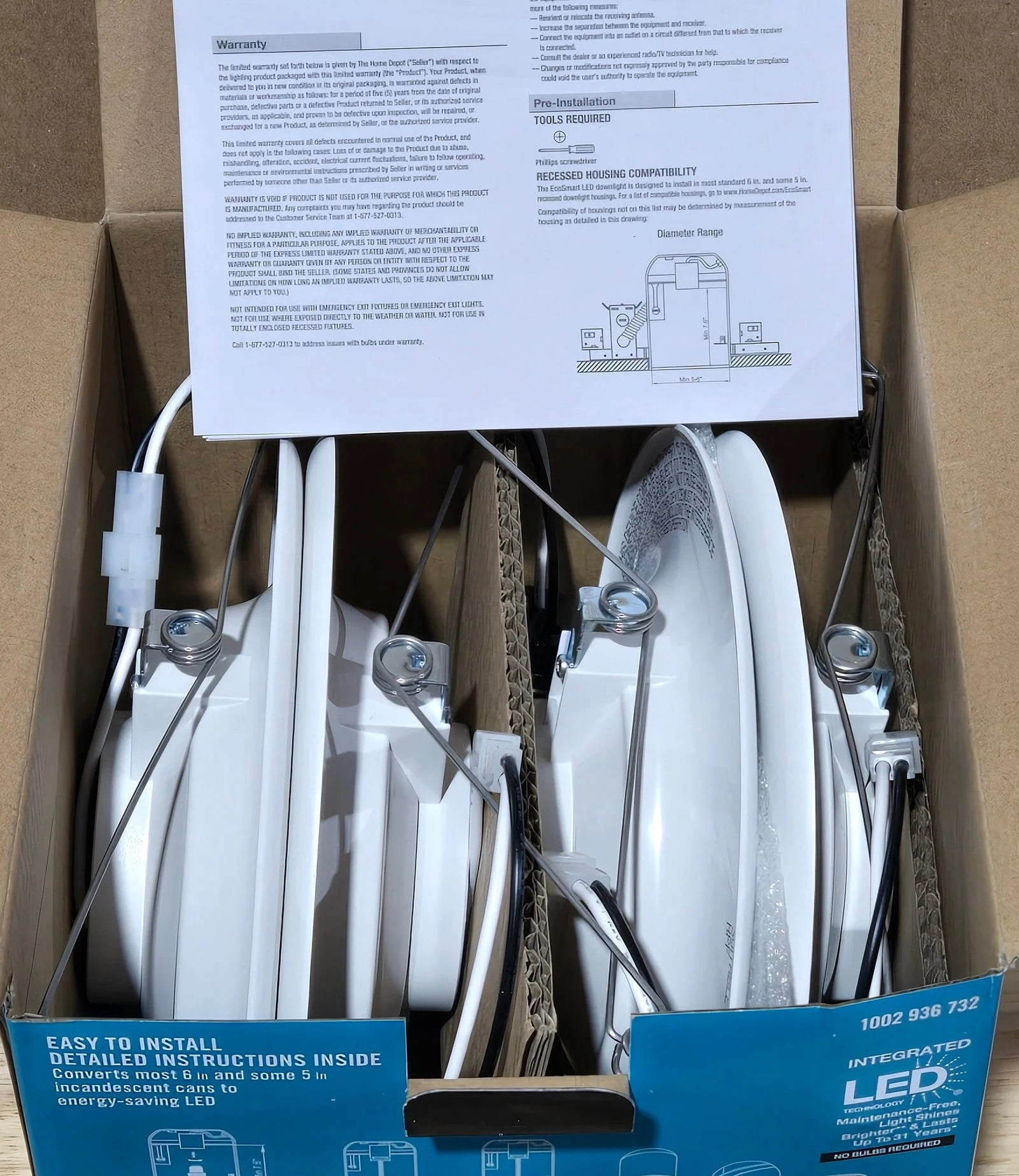 Ecosmart 4 Pack Daylight Integrated LED 6 in White Canless New Construction Remodel Dimmable Recessed Light Trim
