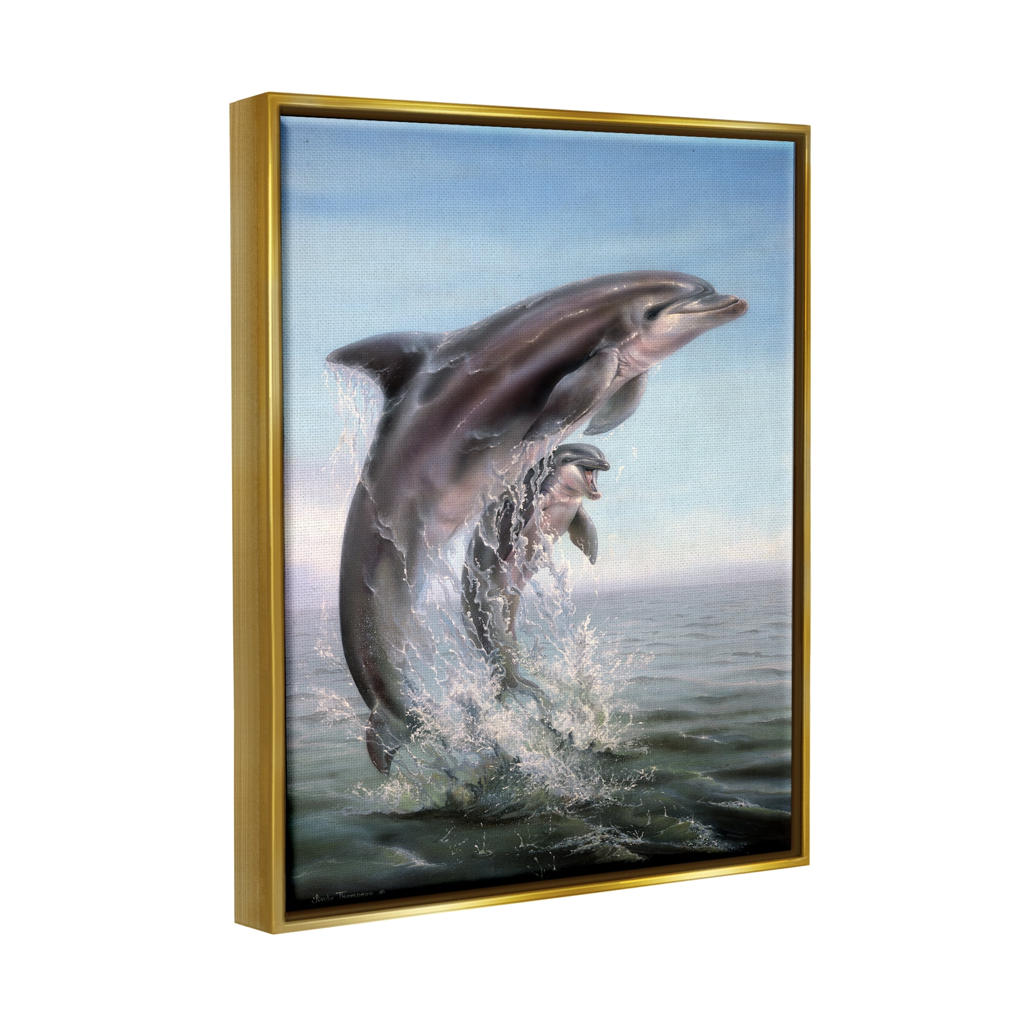 Stupell Industries Breaching Dolphins Water Splash Coastal Painting Gold Floater Framed Art Print Wall Art