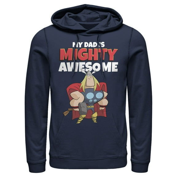 Men's Marvel My Dad is Mighty Awesome Cartoon Thor  Pull Over Hoodie Navy Blue 2X Large