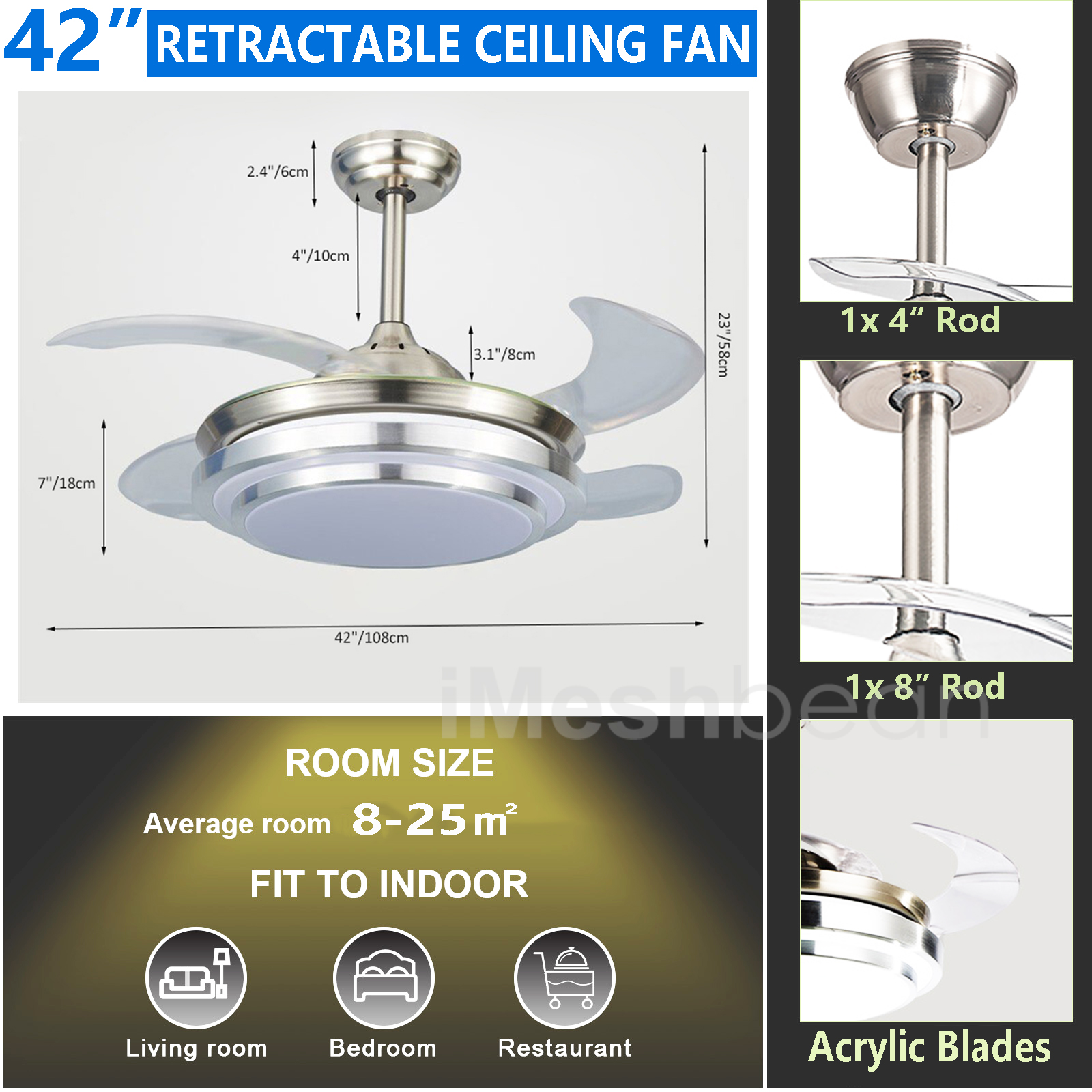 iMeshbean 42" LED Chandelier Invisible Ceiling Fan Light Ceiling Lamp Retractable w/Remote Control, 3 Light Color Changing