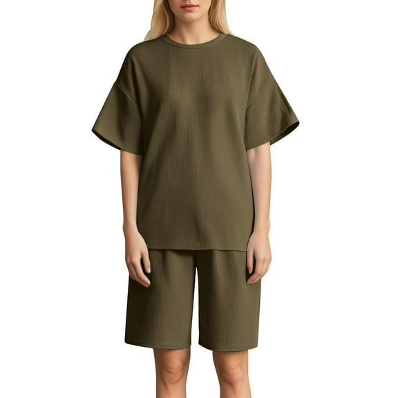 RMGVDSD Women's Summer Casual Sports Suit Striped Round Neck Short Sleeve T-Shirt And Shorts Loungewear Set Daily Casual Workout Sets