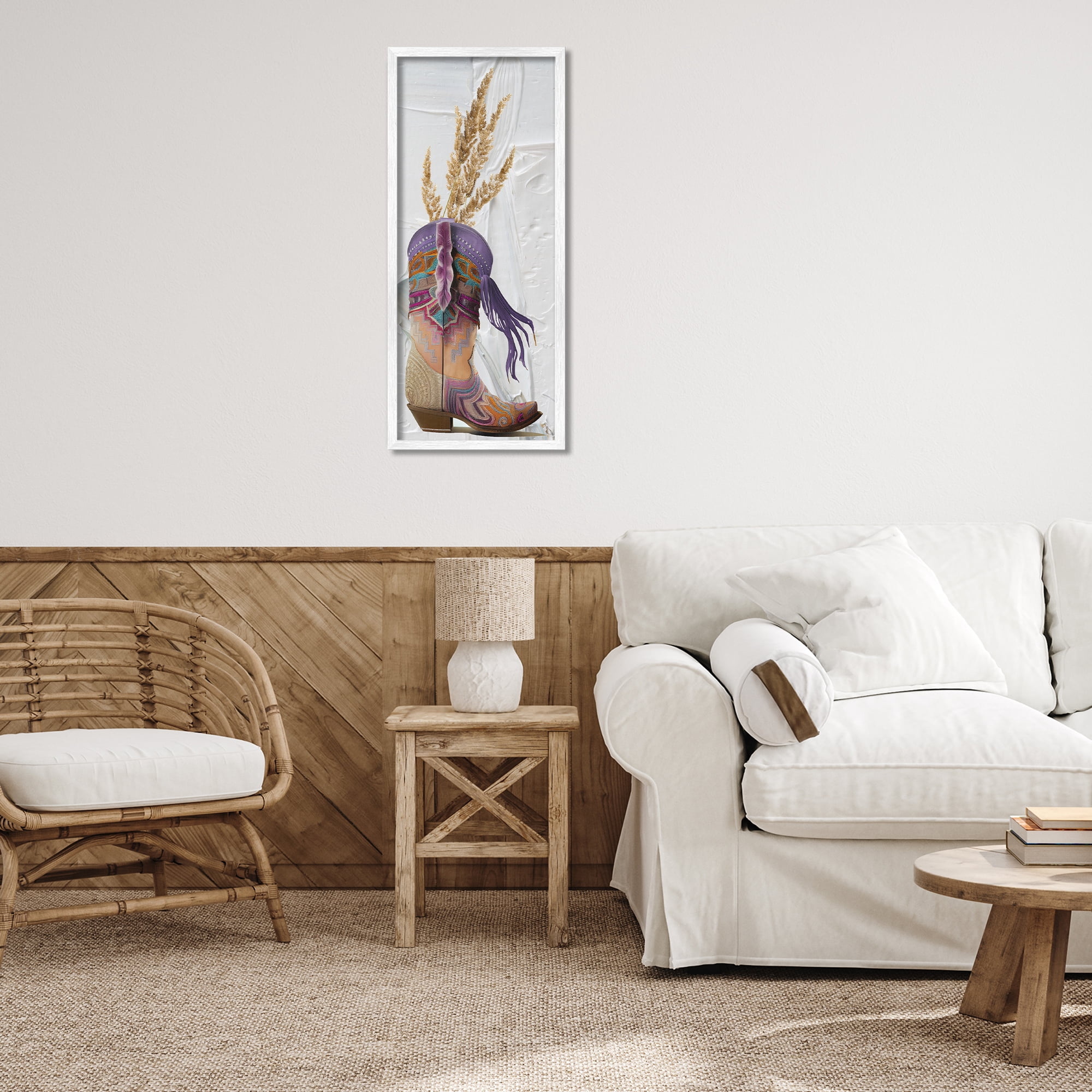 Stupell Industries Cowboy Boot & Wheat Botanical & Floral Painting White Framed Art Print Wall Art, 13 x 30