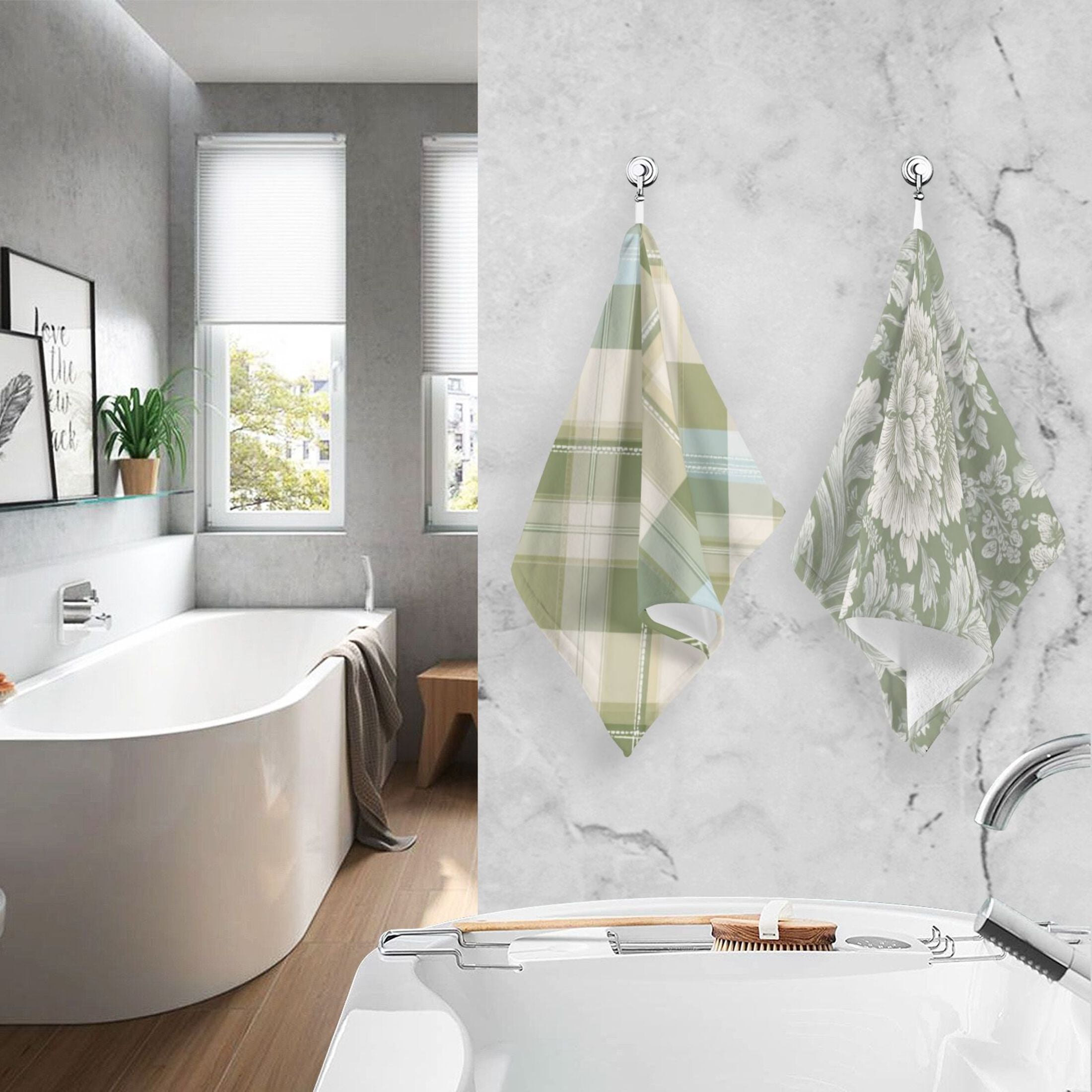 2-Pack Soft 100% Cotton & Highly Absorbent Bath Towel 2 Defferent Pattern Designs Sage Green and Ivory Iconic Green&beige