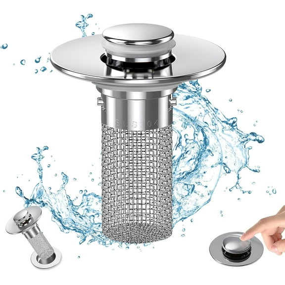 Bathroom Sink Drain Strainer, Pop Up Sink Stopper with Removable Stainless Steel Hair Catcher & Filter Basket – US Standard Bathroom Sink Drain Stopper Replacement