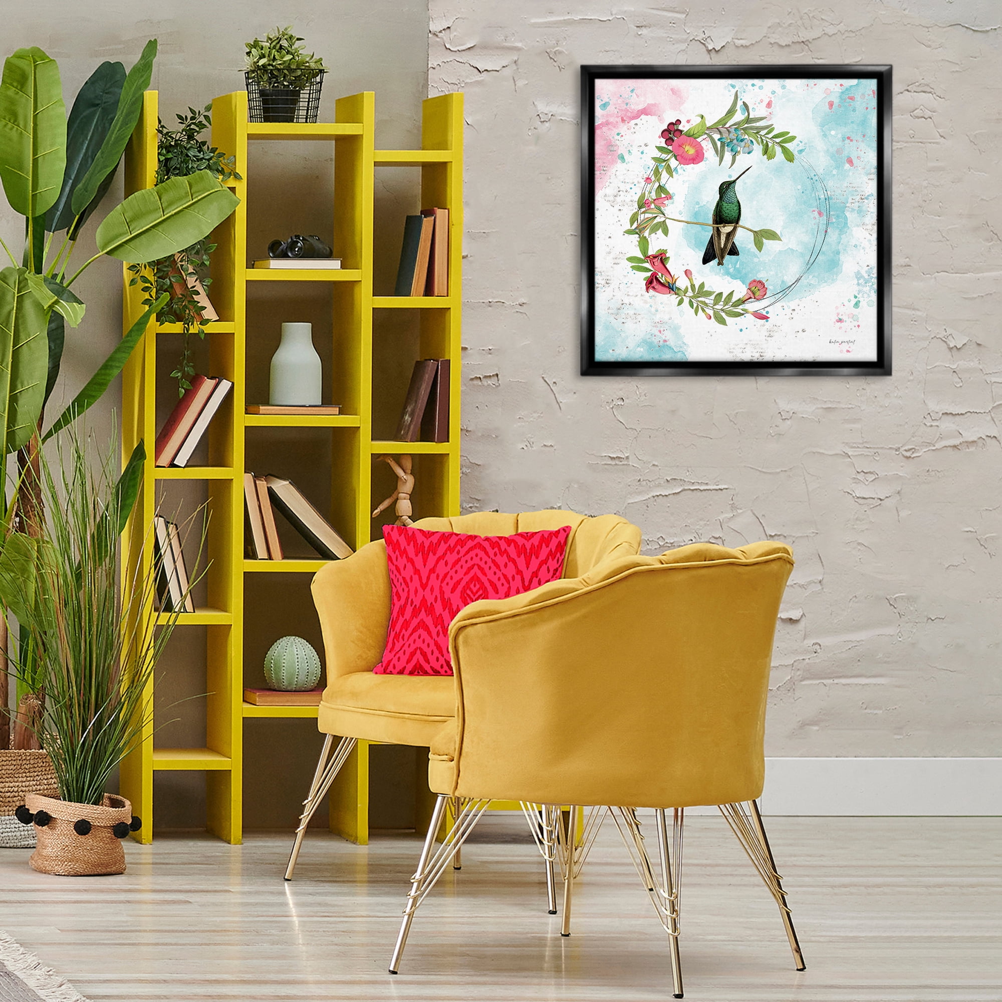 Stupell Industries Hummingbird within Wreath Animals Painting Black Floater Framed Canvas Art Print Wall Art, 25 x 25