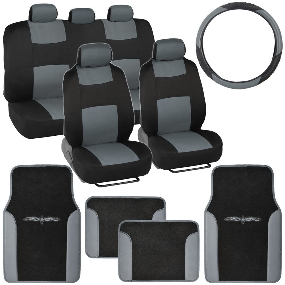 Car Seat Covers Beige Black Set for Auto w/Steering Wheel/Belt Pad/Head Rests 