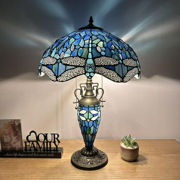 TiffanyTable Lamp Blue Stained Glass Shade And Base Dragonfly LED Bulbs Included for Living Room Bedroom Bedside 16"W*16"D*24"H