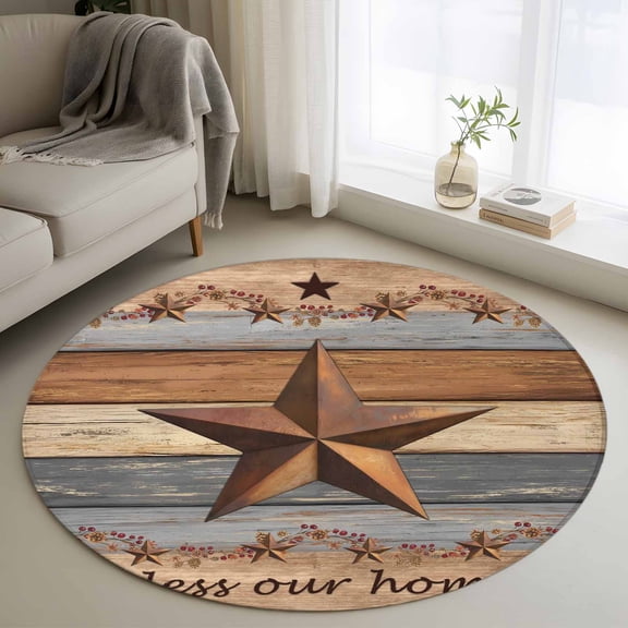 Small Round Rug 3Ft Washable Non-Slip, Western Texas Star Vintage Circle Area Rugs for Living Room Bedroom, Retro Farmhouse Gray Brown Wooden Indoor Floor Mats Carpet Runner for Home Decor