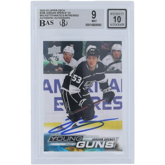 Jordan Spence Los Angeles Kings Autographed 2022-23 Upper Deck Series 1 Youngs Guns #238 Beckett Fanatics Witnessed Authenticated 9/10 Rookie Card - Fanatics Authentic Certified