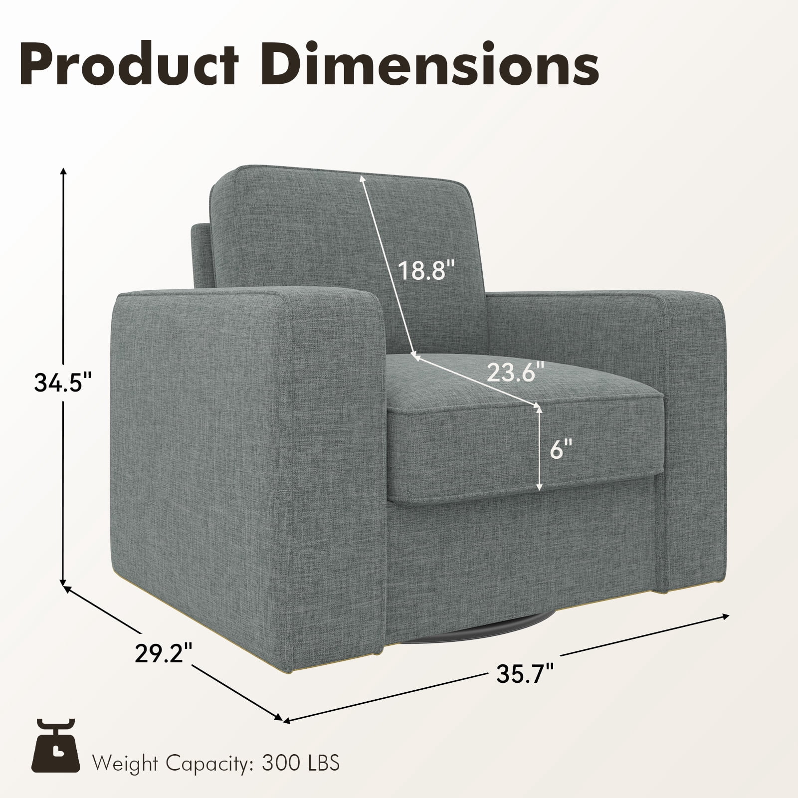 MOONMISS Swivel Accent Chair, 36'' Wide Mid-Century Modern Armchair for Living Room, Bedroom, Office, Gray