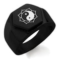 thumbnail image 1 of Stainless Steel Sacred Lotus Yin Yang Engraved Hexagon Crest Flat Top Biker Style Polished Ring, 1 of 1