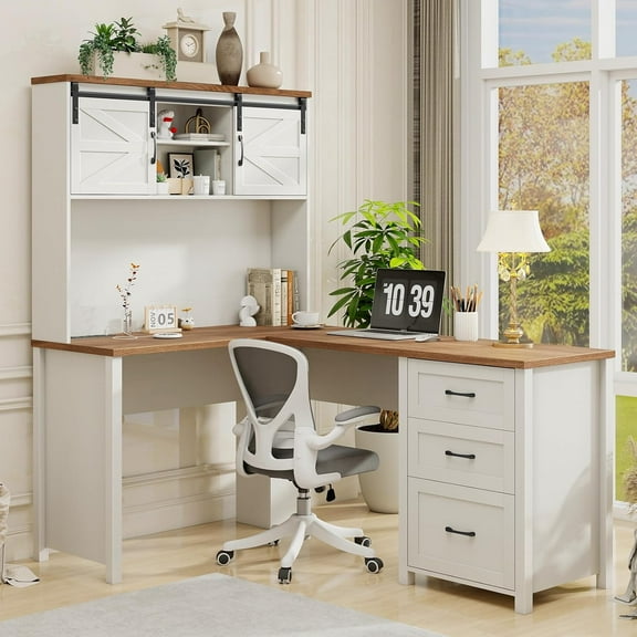 Vabches 68" H L Shaped Desk and Hutch with Storage, Office Desk with Drawers, Charging Station, Sliding Doors, Unique White