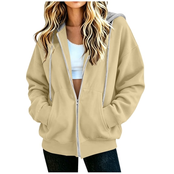 Kezqiaxn Zip up Hoodie Women Fashion Drawstring Long Sleeve Loose Casual Sweatshirt with Pockets Fall Winter Clothes Khaki M