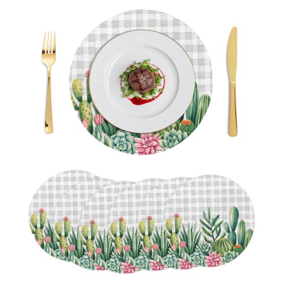 Round Placemats Tropical Cactus Succulents 15 inch Set of 6 Table Mats for Dining Table Farmhouse Plants Grey Plaid Heat Resistant Non-Slip Kitchen & Home Decorative Place Mat Set