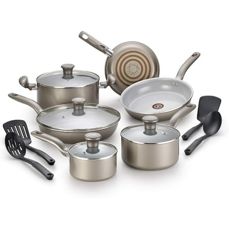 

T-fal G919SE64 Initiatives Ceramic Nonstick Dishwasher Safe Toxic Free 14-Piece Cookware Set Gold