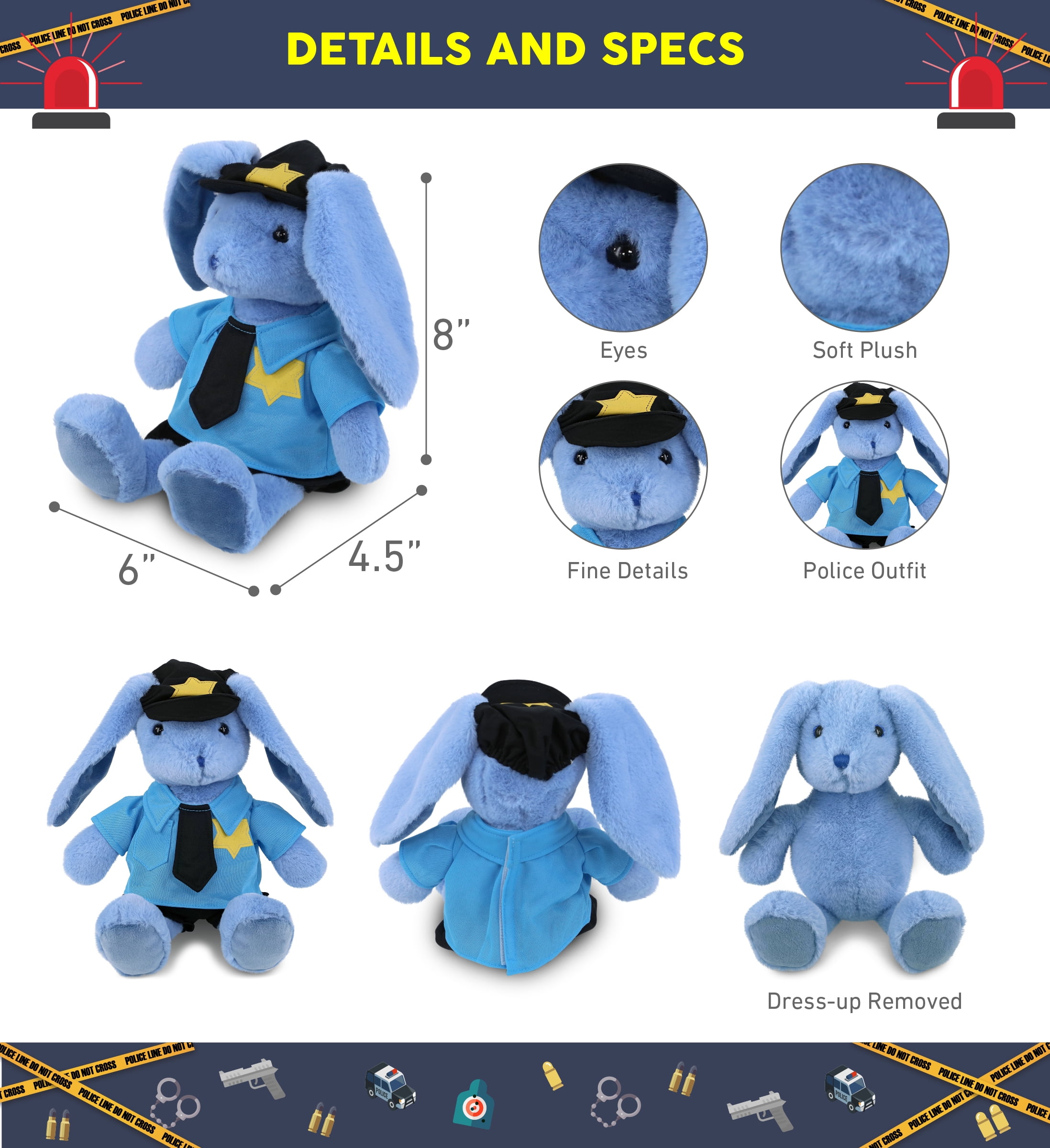 DolliBu Baby Blue Rabbit Police Officer Plush Toy – Super Soft Blue Rabbit Cop Stuffed Animal Dress Up Cop Uniform and Cap Outfit, Fluffy Blue Rabbit Policeman Toy Plush Gift for Kids – 8 Inches