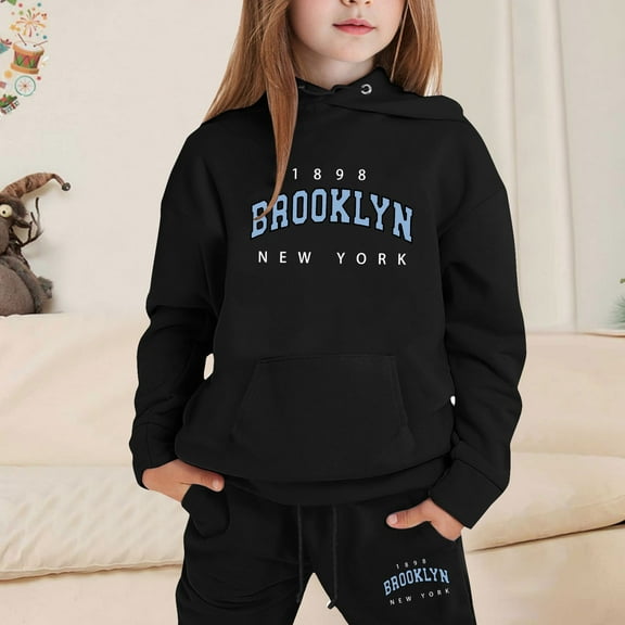 GBSYEWXS Outfits Sets For Teen Girls Hooded Long Sleeve Leisure Sweatshirt Pant Letter Print Fashion Fall Clothing Sets Black Size 4-5 Years