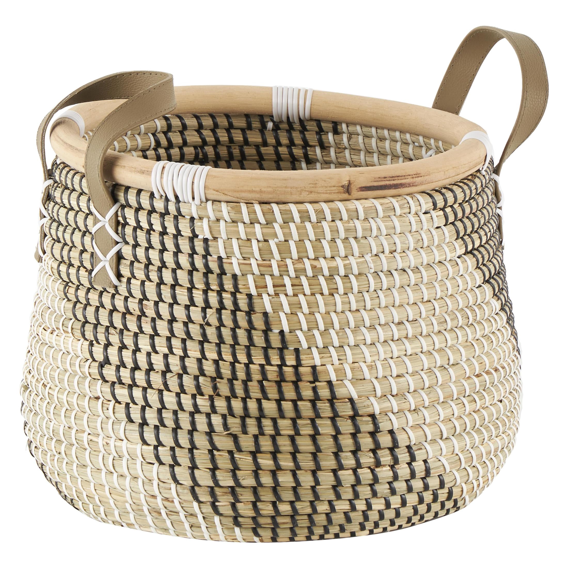 DecMode 18", 13"W Brown Seagrass Handmade Diagonal Striped Storage Basket with Leather Handles, 2-Pieces