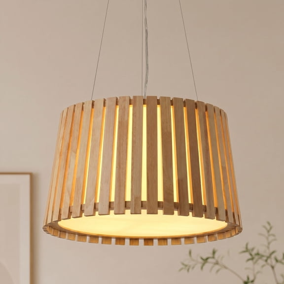 4-Light Adjustable Wood Pendant Light, Drum Shaped Hanging Lamp with PS Lamoshade for Dining Room Living Room & Farmhouse