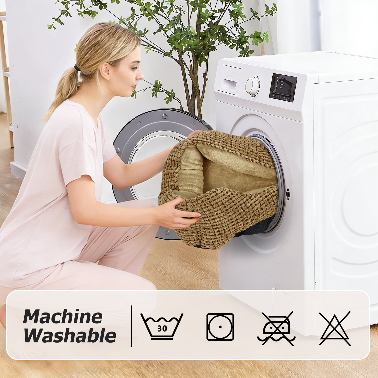 Washable Dog Beds for Medium Sized Dogs, Cat Beds for Indoor Cats, Rectangle Pet Beds with Anti Slip Bottom, Beige, 30"x24"x9"