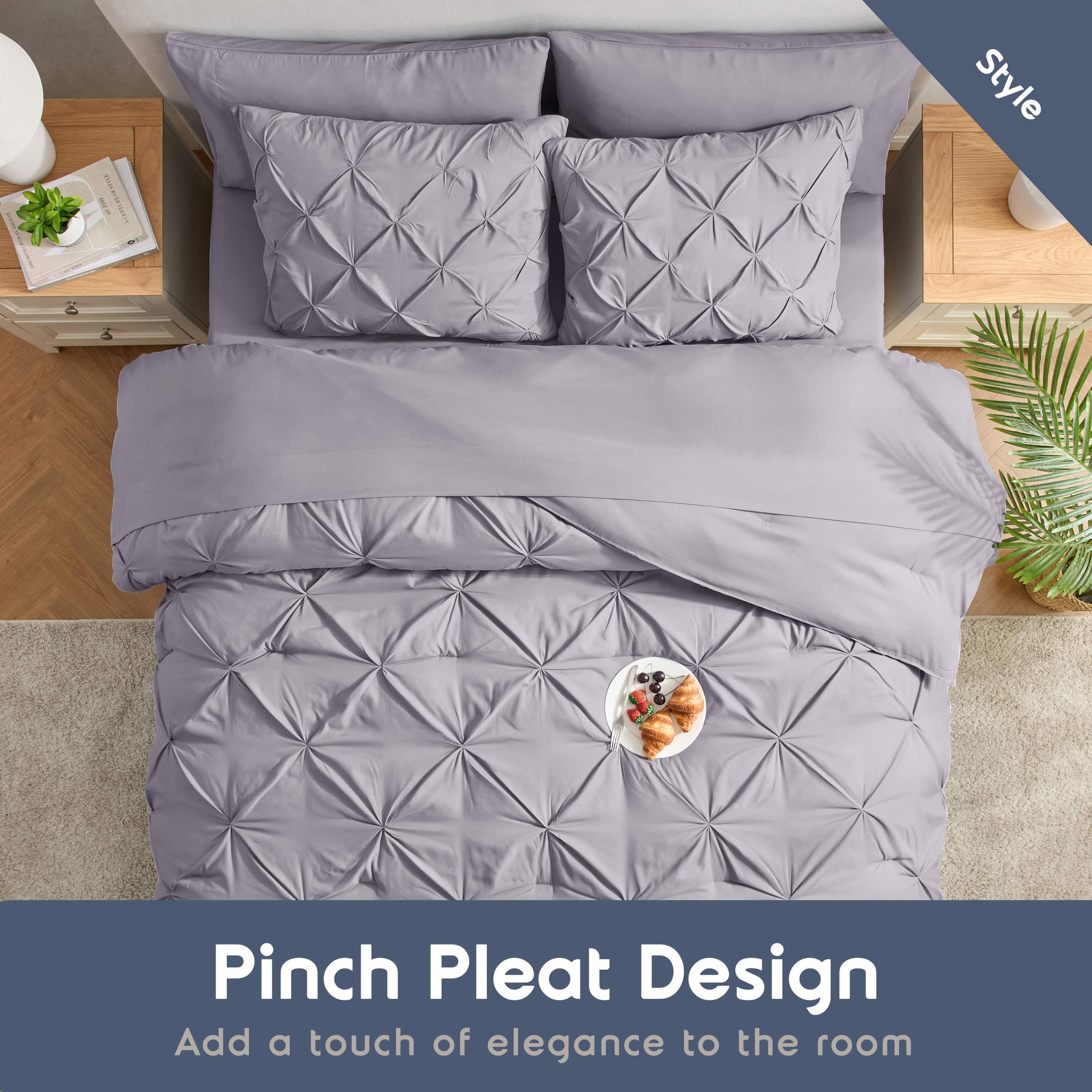 LammaLoe Full Size Comforter Sets, 7 Piece Bed In A Bag Pintuck Bedding Sets, Grayish Lavender