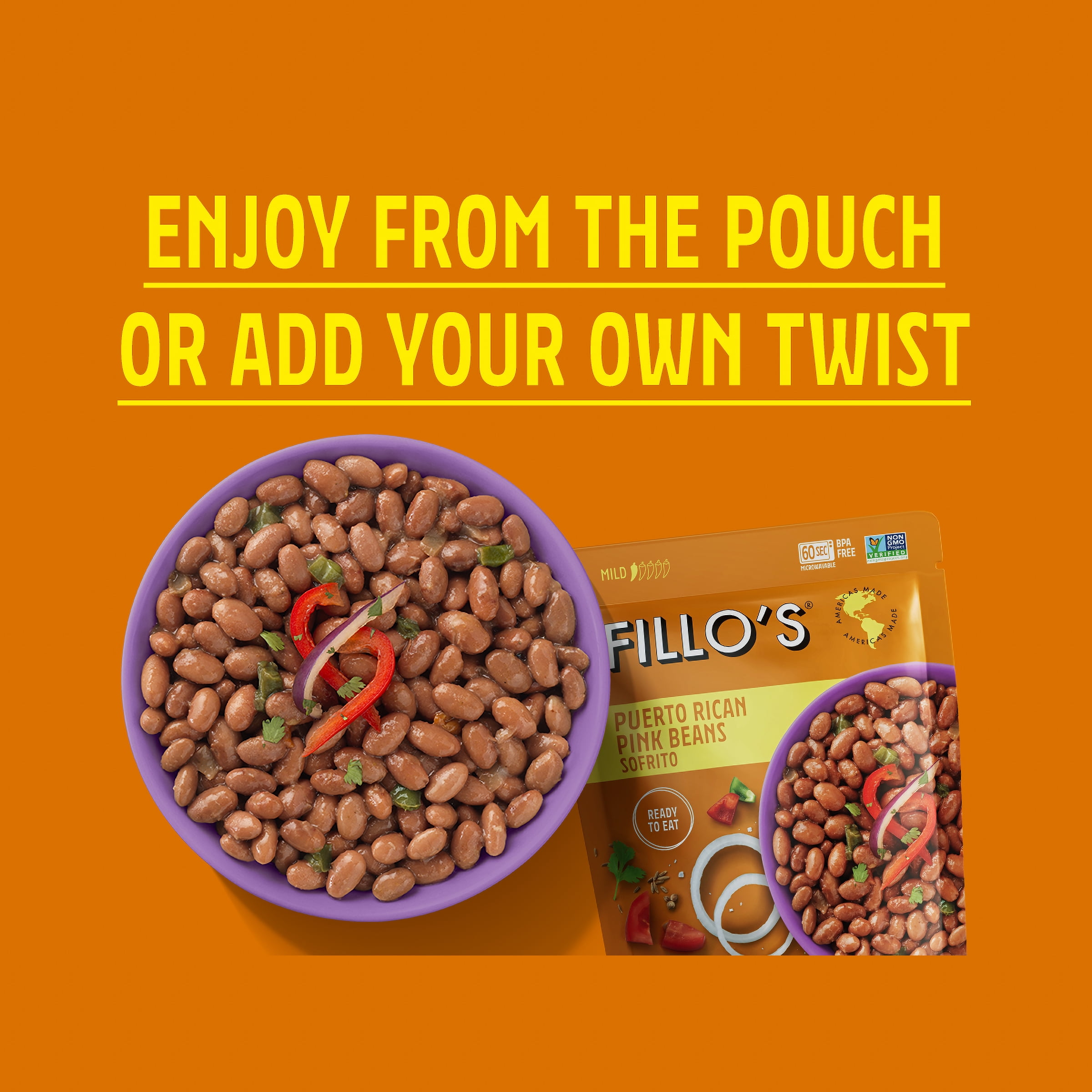 (6 pack) FILLO'S Puerto Rican Pink Beans Mild Spice - Single Pouch, 10 oz