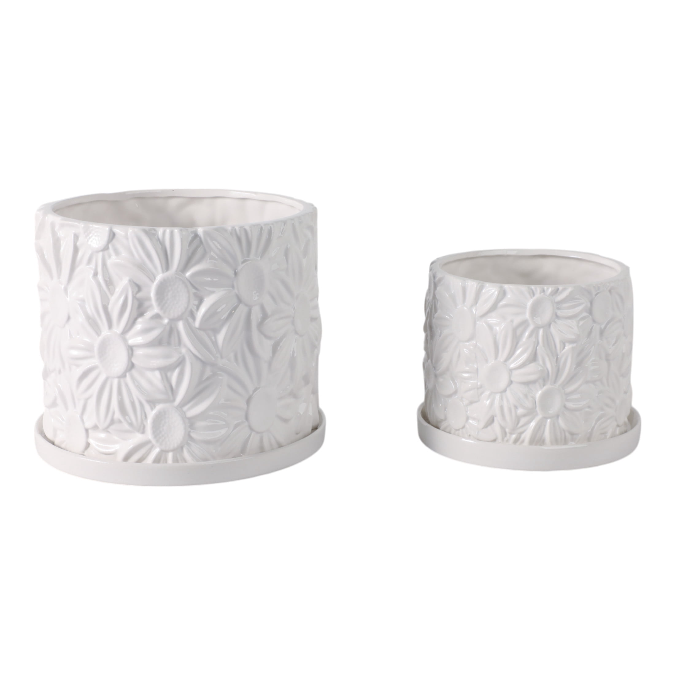 Ceramic Daisy Flower Pot Planter with Saucer for Home Decor - Decorative Plant Pots for Indoor and Outdoor Spaces - Garden Accent for Living Room, Patio, or Backyard - Set of 2, 7", 5", White