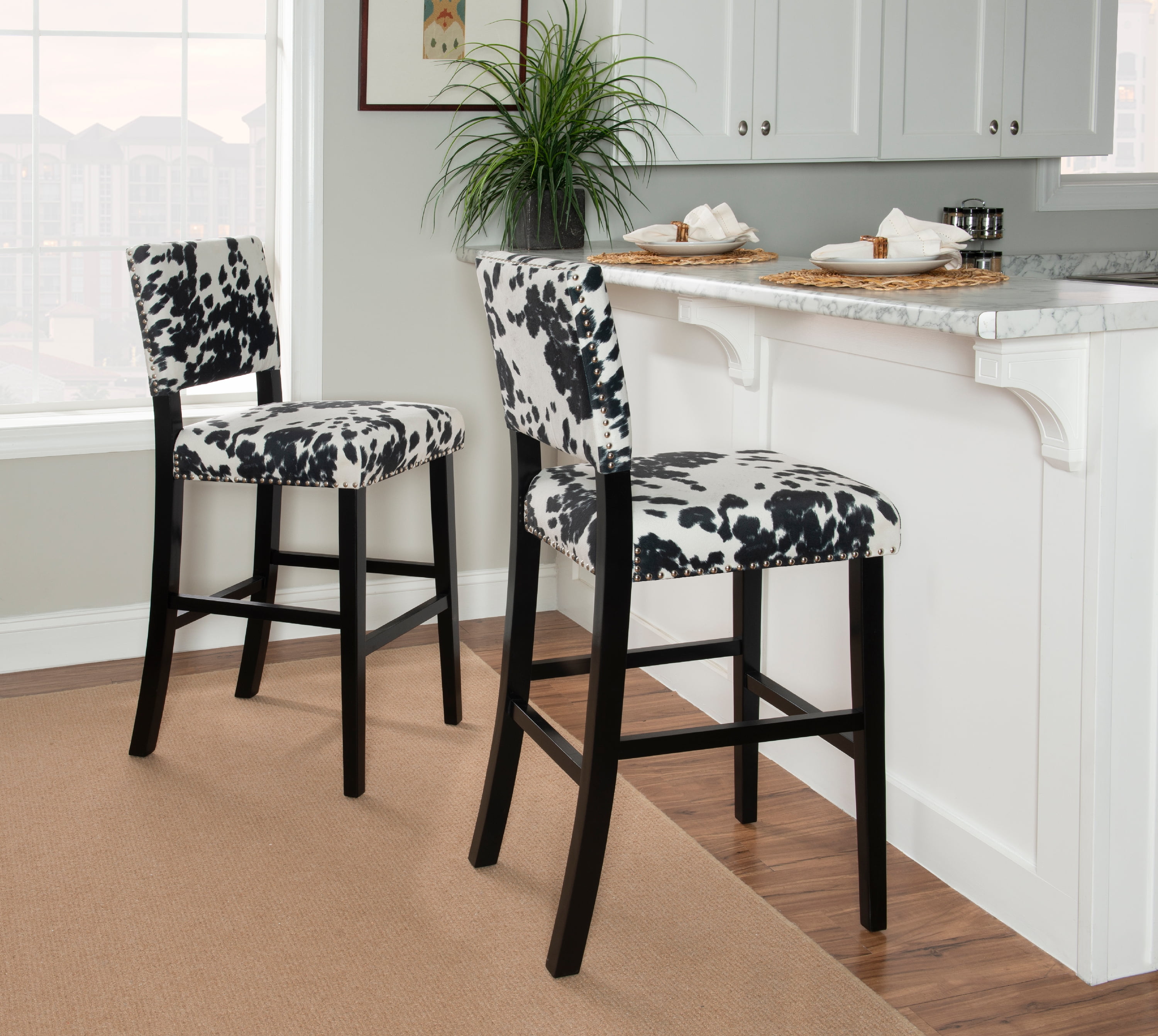 Linon Armond 30" Indoor Bar Stool, Black Cow Print Fabric