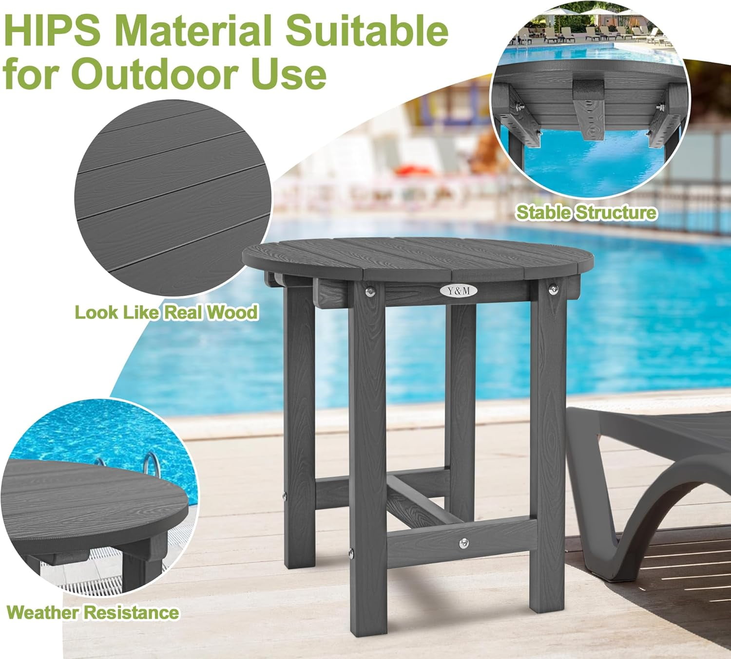 Y&M Outdoor Side Table, Waterproof Four-Legged Round Entryway End Table, Single-Tier HIPS Modern Small Coffee Nightstand for Bedroom, Living Room, Patio, Indoor or Outdoor Use, Dark Gray