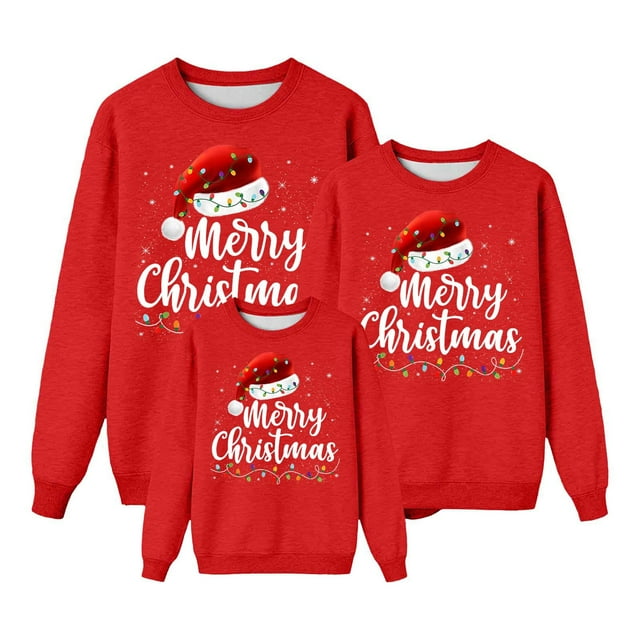 RXMEKW Chandail de Noël à Capuche pour Femmes Manches Longues Col Rond Haut Imprimé avec Ensemble Familial Assorti pour Hommes et Enfants