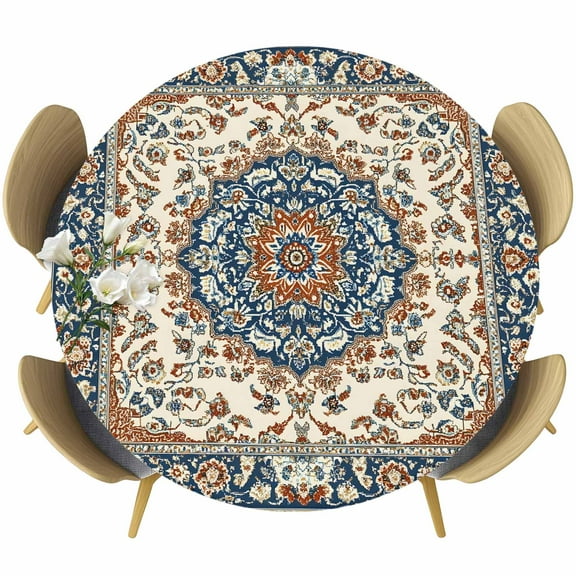 Orange Blue Boho Southwestern Round Tablecloth 55-60 Inch Round Fitted Table Cloth with Elastic Edge, Antique Ethnic Rustic Waterproof Table Cover Protector for Outdoor Picnic Party Dining
