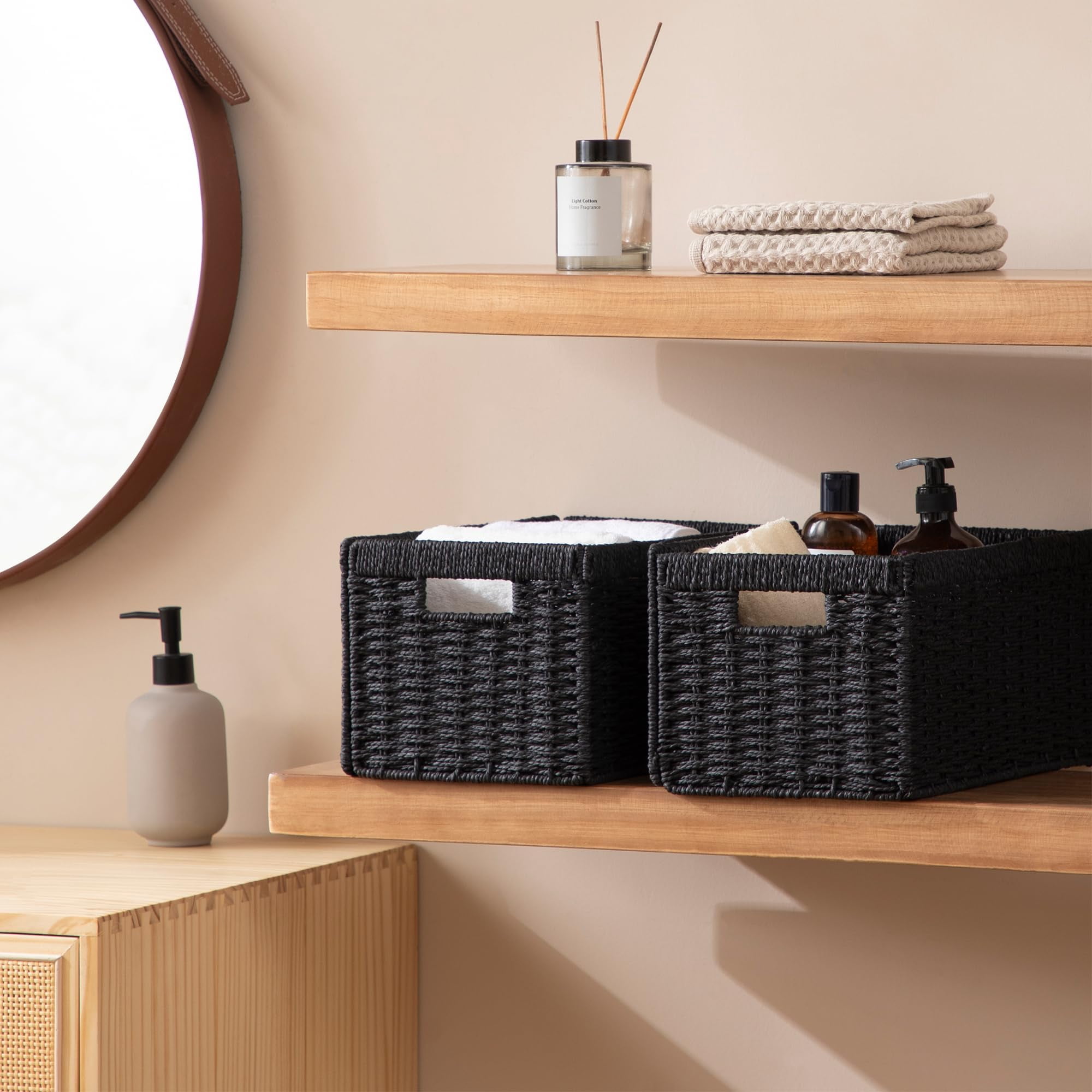 Rectangular Foldable Hand-Woven Storage Baskets Black 4 Pack 13.4l X 8.3w X 7.1h Inch For Pantry Shelves Organization