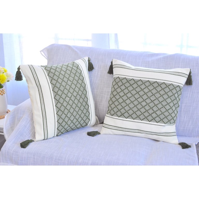 Set Of 2 Boho Throw Pillow Covers 18x18 Inch - Olive Green Cotton Blend For Sofa & Bed Decor