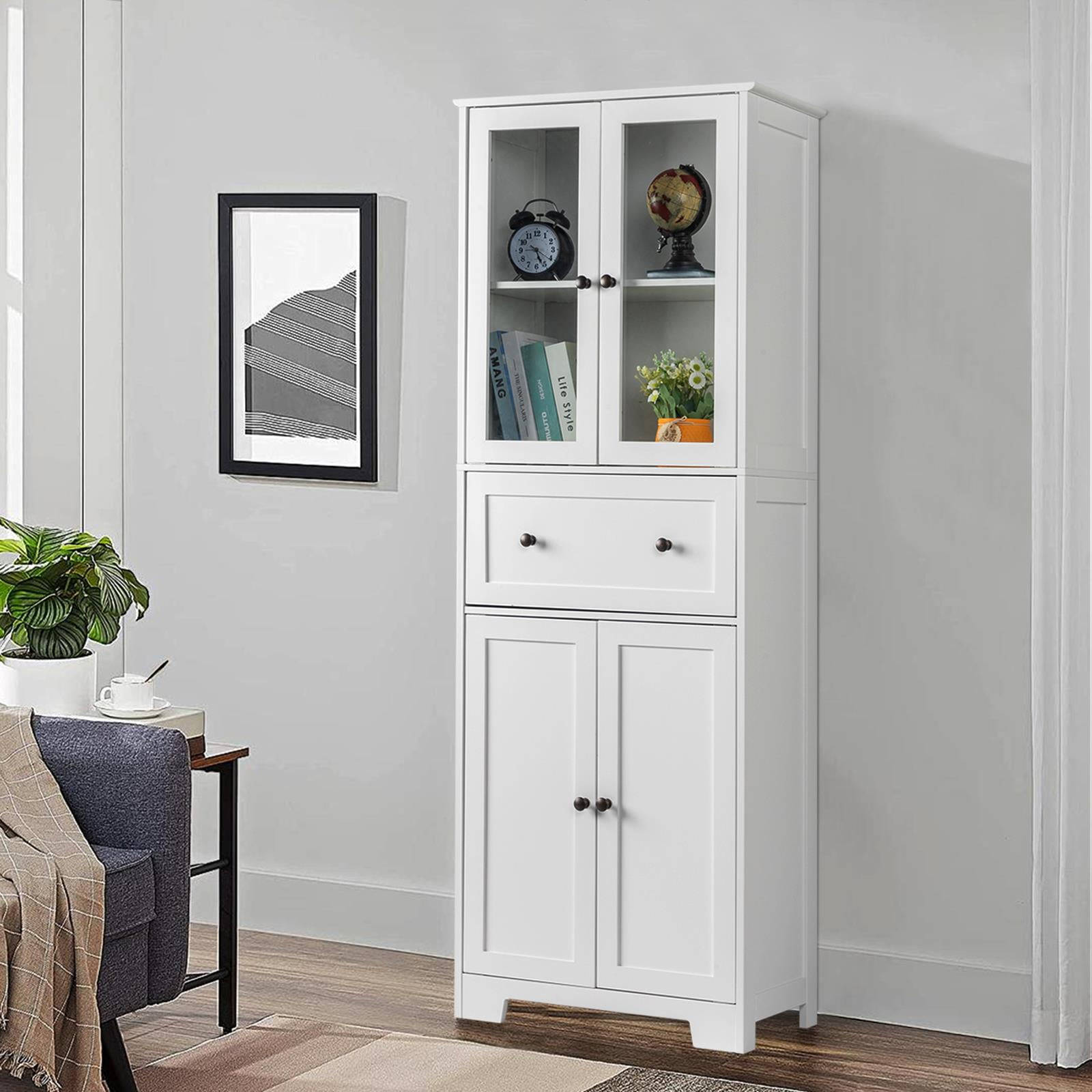 Winado Tall Bathroom Storage Freestanding Kitchen Pantry with 2 Glass Doors and