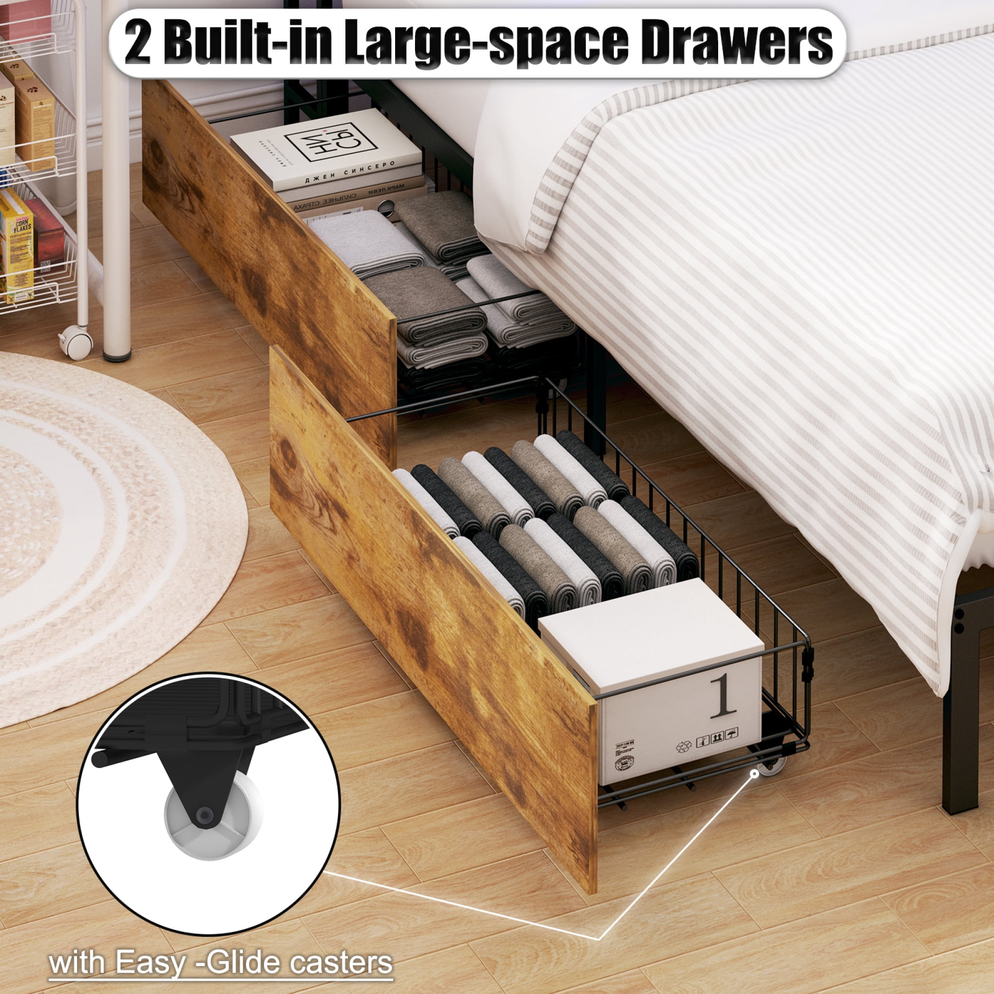 Leumius Corner Full Bed Frame with Storage Drawers,Bookcase Headboard, LED Lighting & USB Charging Station,Full Size Daybed Corner Bed for Bedroom,