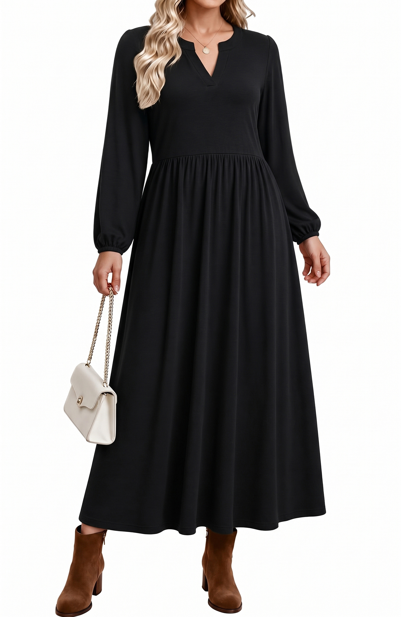 UVN Women's Long Sleeve V-Neck Flowy Swing Dress photo 2