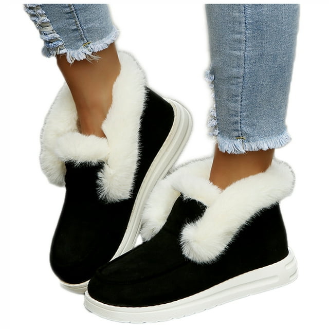 CEHVOM Women's Plush Flats Shoes Solid Color Round Toe Casual Plus Velvet Students Shoes