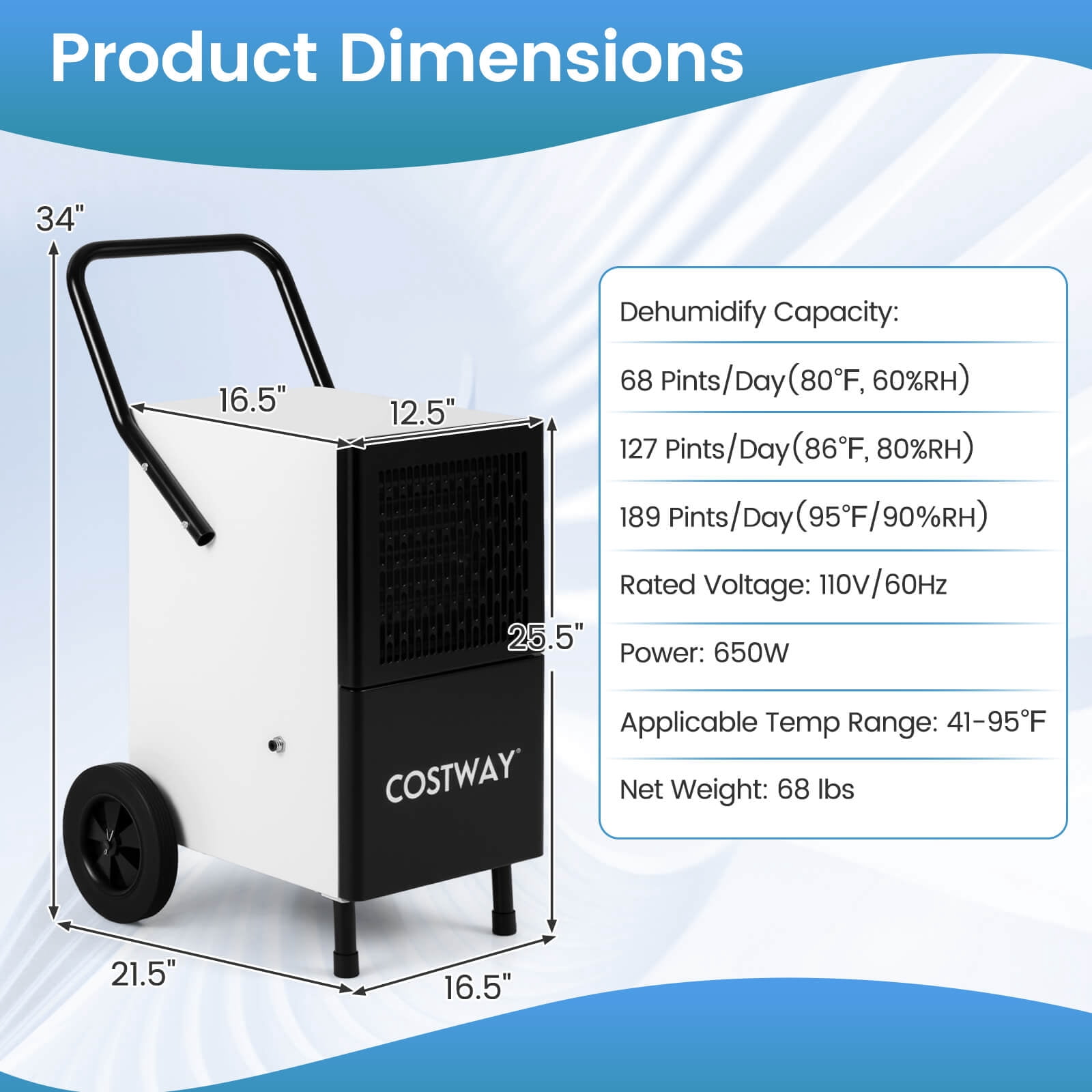 Costway 42-Pint(DOE) Dehumidifier with Built-in Pump, Drain Hose & Wheels White + Black 7500 Sq. ft Coverage Area (MAX 189Pint at 95°F, 90%RH)