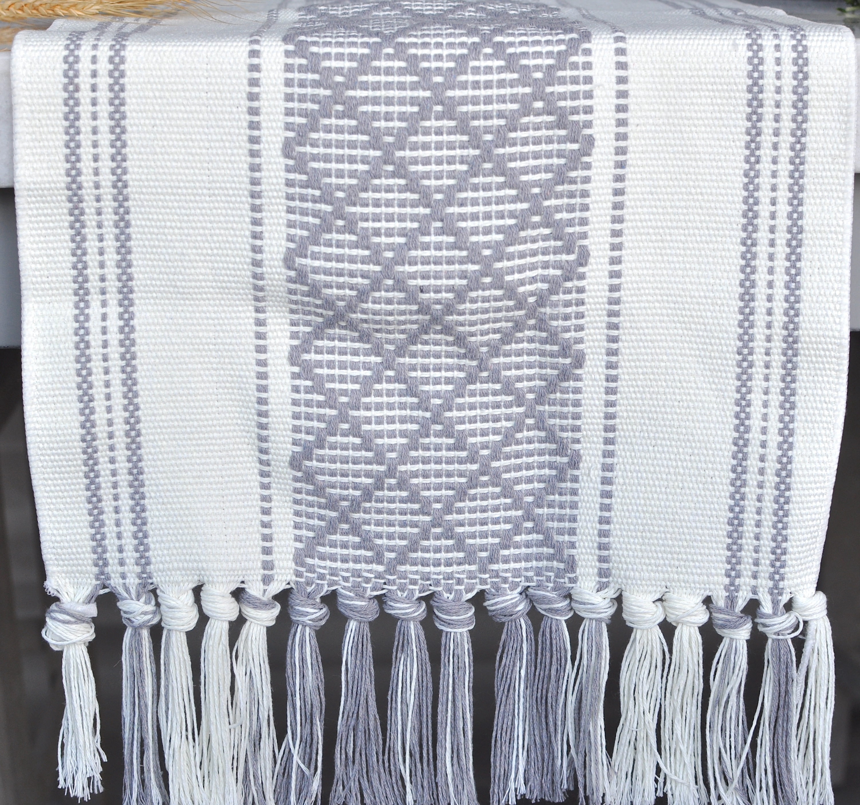 Small Coffee Table Runner with Tassels 14x48 Inches, Grey & Off White | Cotton Woven Washable Boho Dresser Scarf for Bedroom | Farmhouse Console Tabletop Centerpiece Boho Decorations