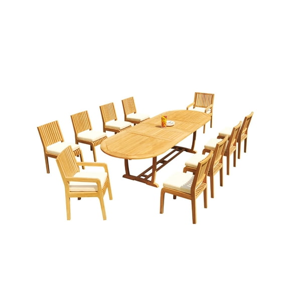 Grade-A Teak Dining Set: 10 Seater 11 Pc: 118" Mas Oval Trestle Leg Table And 10 Maldives Chairs (2 Arm & 8 Armless Chairs) WholesaleTeak #51ML2711