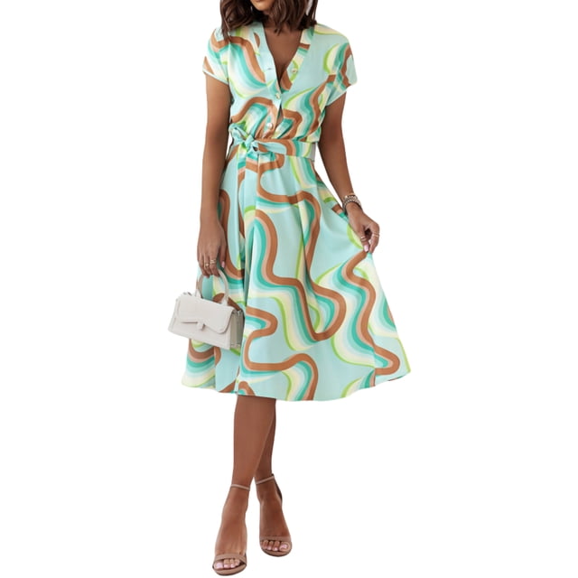 VISgogo Vestido de verano para mujer, manga corta, cuello en V, estampado a la moda, cierre de botón, vestido con cinturón VISgogo moda
