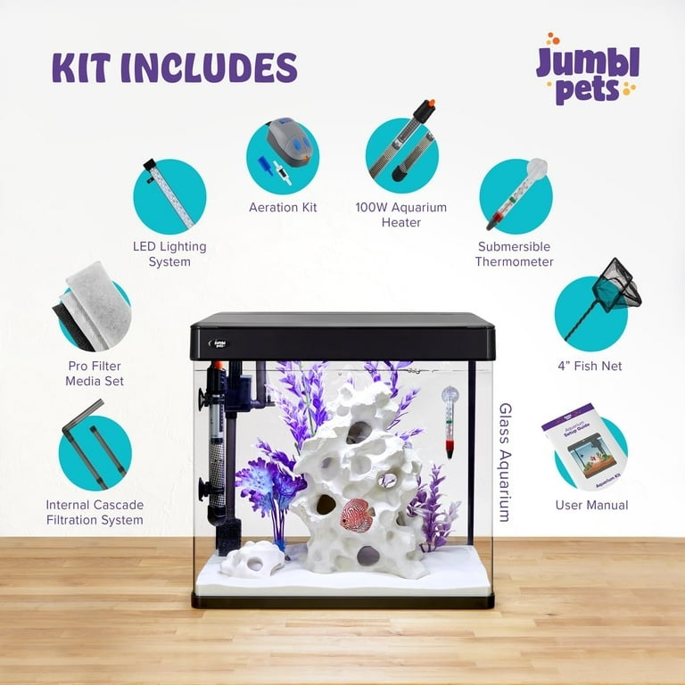 JumblPets Premium Fish Aquarium Kit, Small Glass Aquarium with LED
