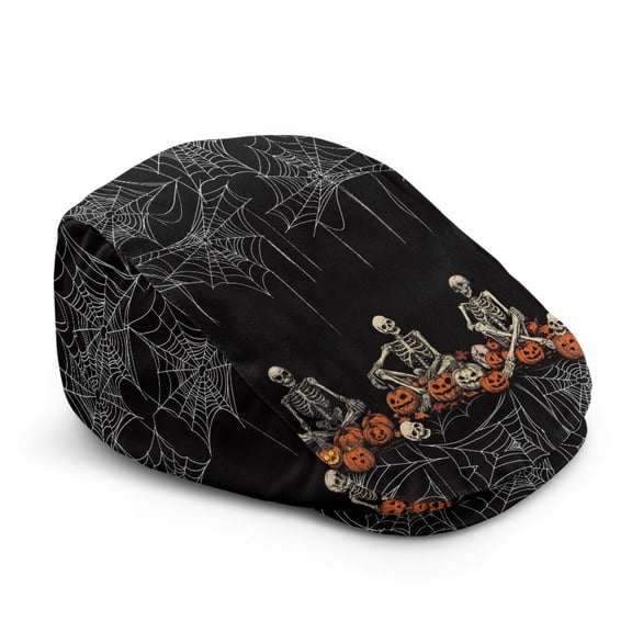 FUIALDOLG Halloween Skeleton Pumpkin Polyester Beret Hat with Adjustable, Lightweight Wrinkle Resistant Flat Cap for Driving Outdoor Travel