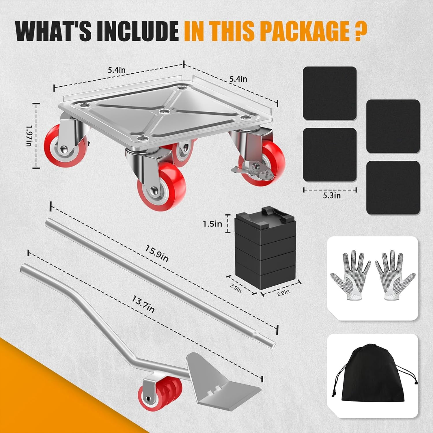 Heavy Duty 1500LBS Furniture Dolly & Movers with 5X 360° Wheels - Carbon Steel Panel & Non-Slip Casters, Includes Lifter Jacks, Gliders for Sofa, Refrigerator (5.4 Inch, Silvery)