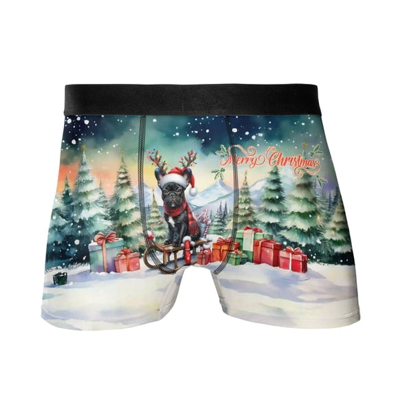 Merry Christmas Santa Reindeer Antlers French Bulldog Sleigh Xmas Winter Holiday All Over Print Boxer Briefs Underwear for Men Dad Dog Lover Gifts - 00023