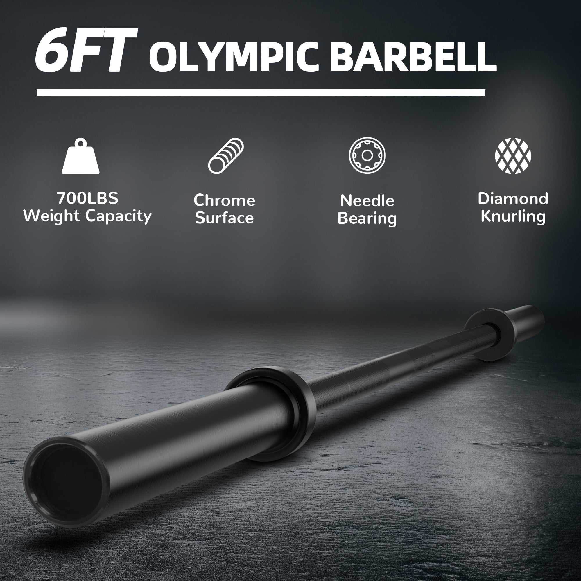 FlexWave Olympic Barbell，6FT, 2-Inch Diameter, 700LB Capacity, Black, for Powerlifting & Weightlifting